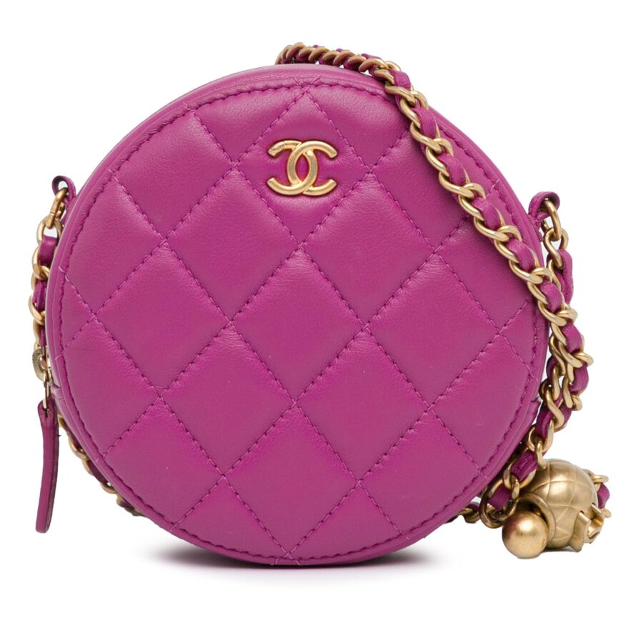 Chanel CC Quilted Lambskin Pearl Crush Round Clutch with Chain | Studio Nafay