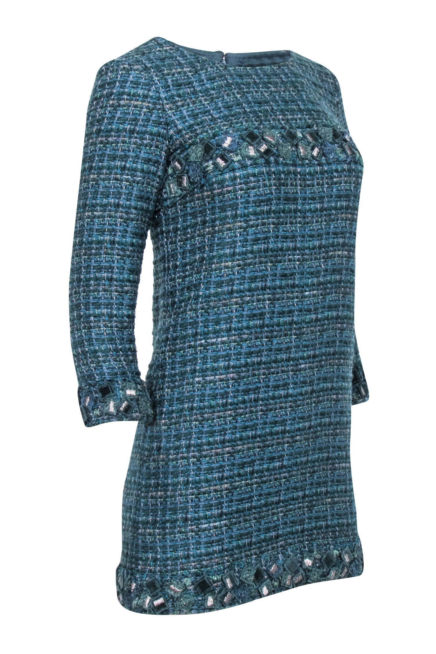 Chanel – Green Tweed Long Sleeve Shift Dress Sz