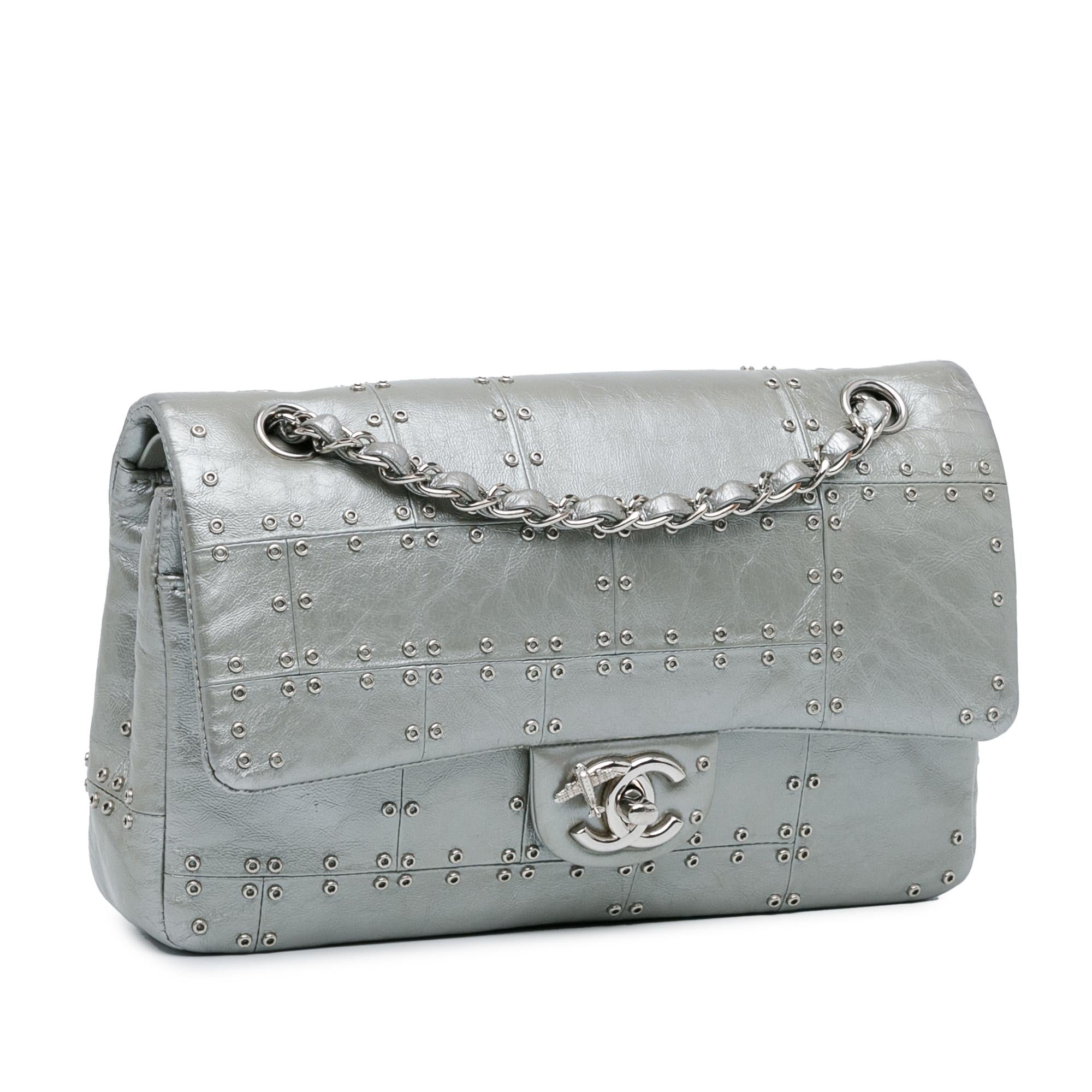 Chanel Medium Glazed Calfskin Grommet Embellished Airline Double Flap Shoulder Bag