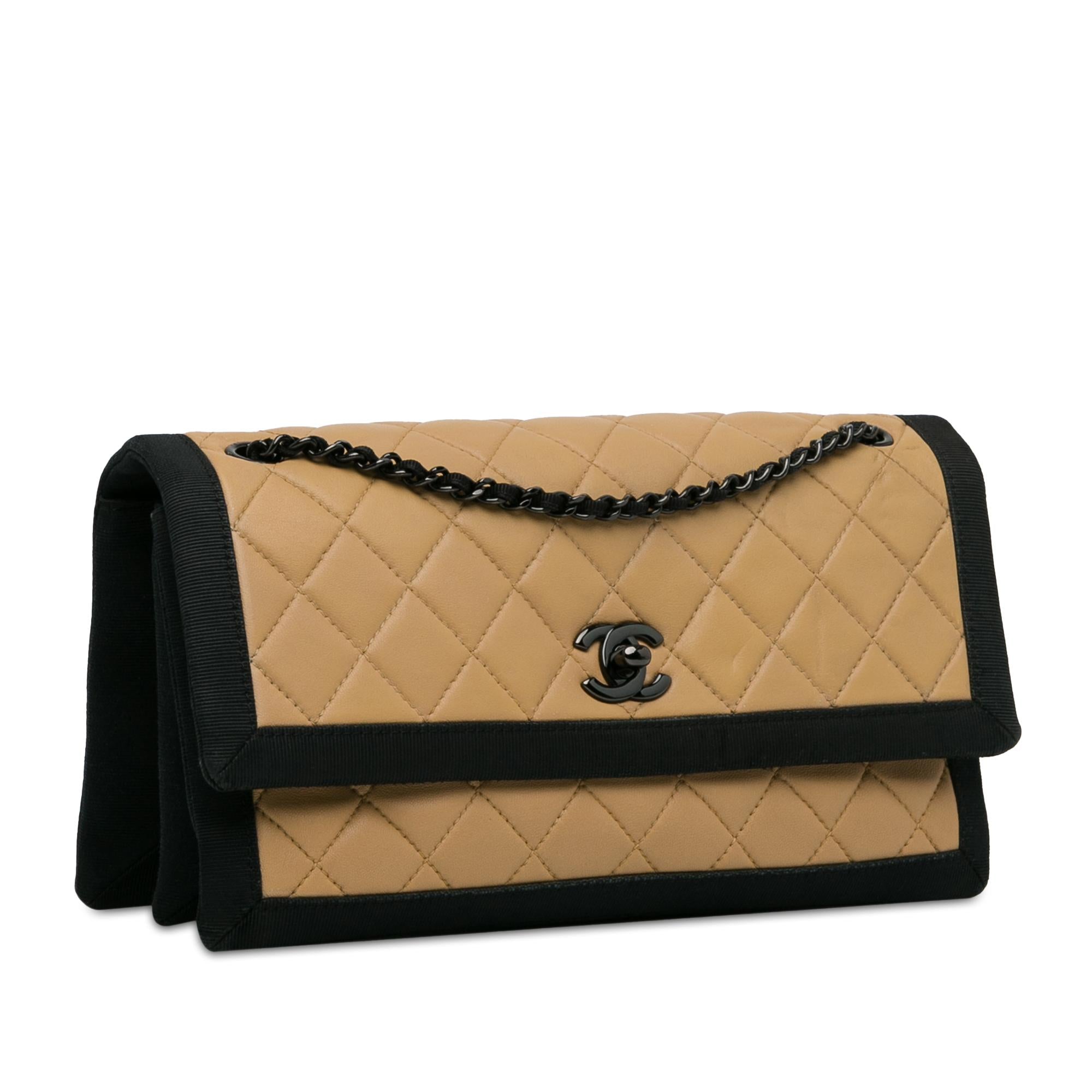 Chanel Medium Quilted Lambskin Grosgrain Two Tone Flap Shoulder Bag