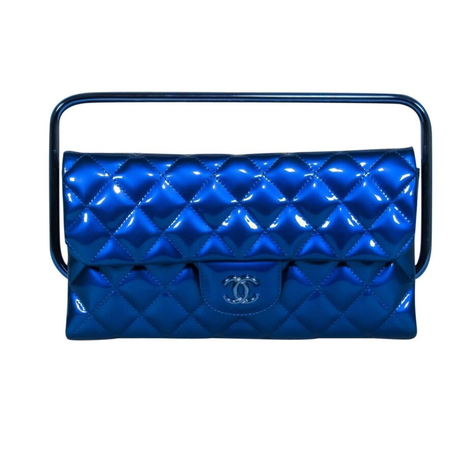 Chanel - Metallic Blue Quilted Patent Leather Bar Handle Bag | Studio Nafay