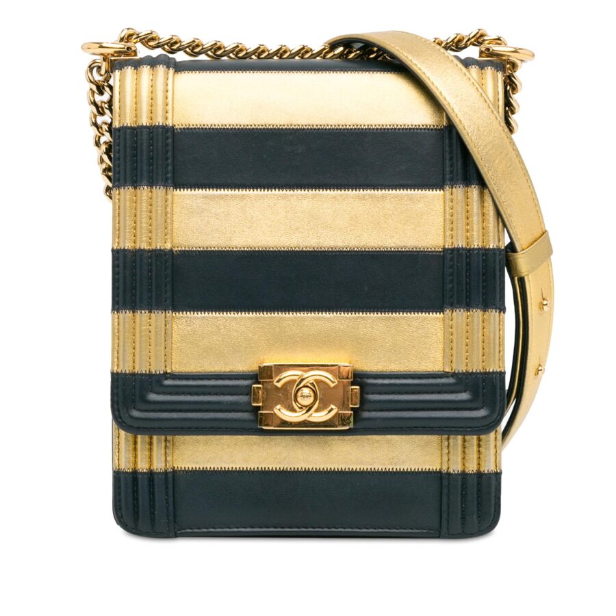 Chanel Metallic Lambskin Striped North South Boy Flap Crossbody | Studio Nafay