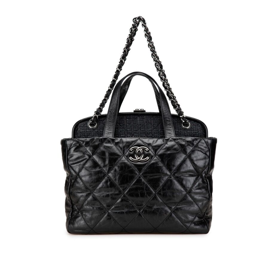 Chanel Quilted Glazed Calfskin and Tweed Portobello Frame Satchel Handbag | Studio Nafay