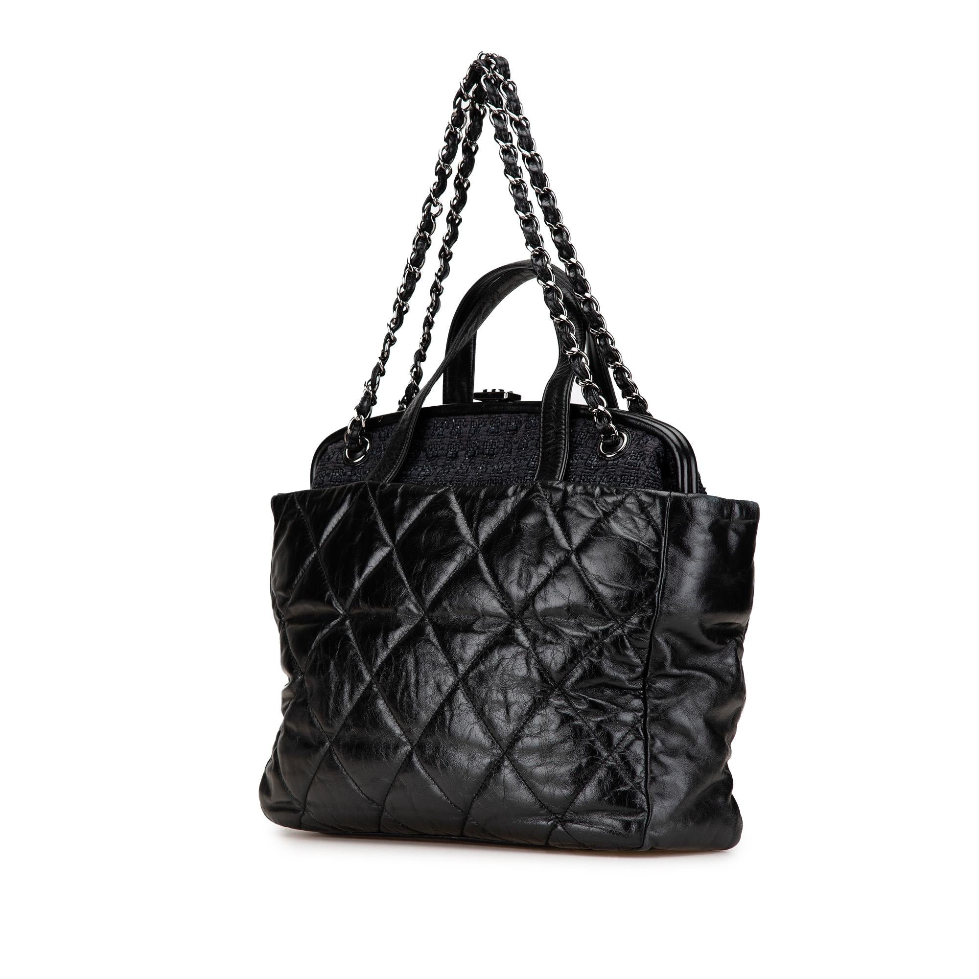 Chanel Quilted Glazed Calfskin and Tweed Portobello Frame Satchel Handbag