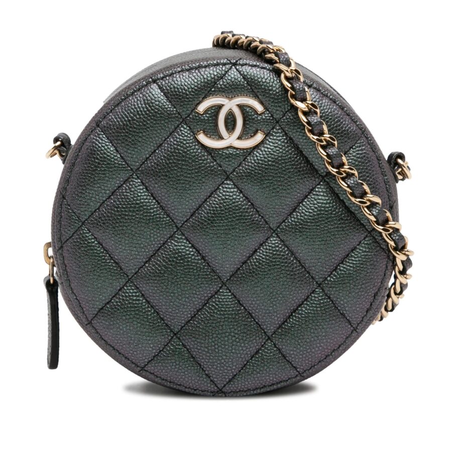 Chanel Quilted Iridescent Caviar Round Clutch With Chain | Studio Nafay