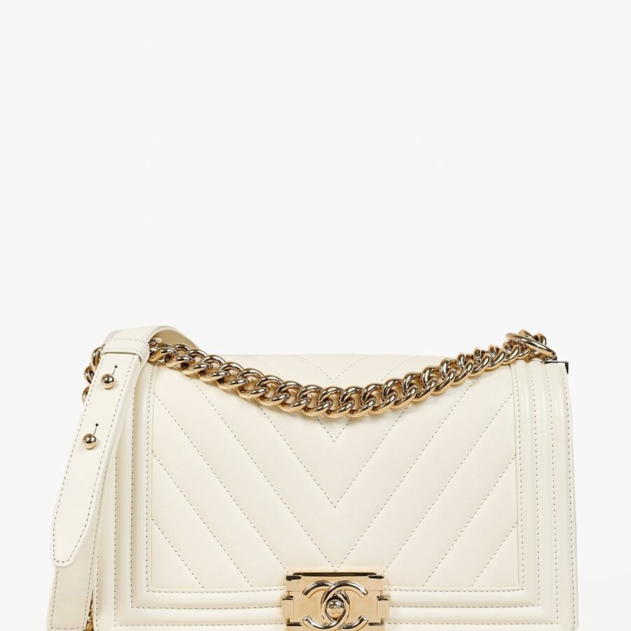 Chanel Medium Boy Creme Chevron Lambskin Flap Shoulder Bag | Studio Nafay