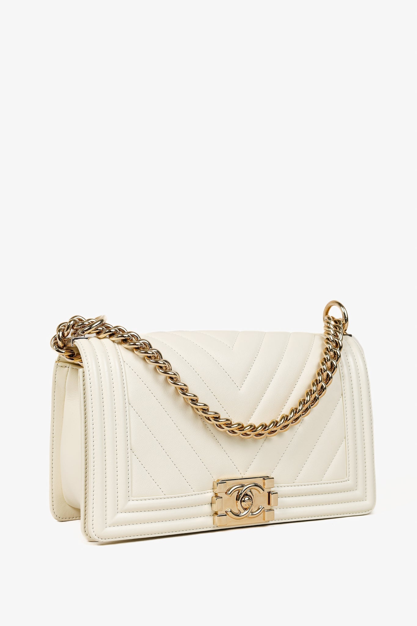 Chanel Medium Boy Creme Chevron Lambskin Flap Shoulder Bag