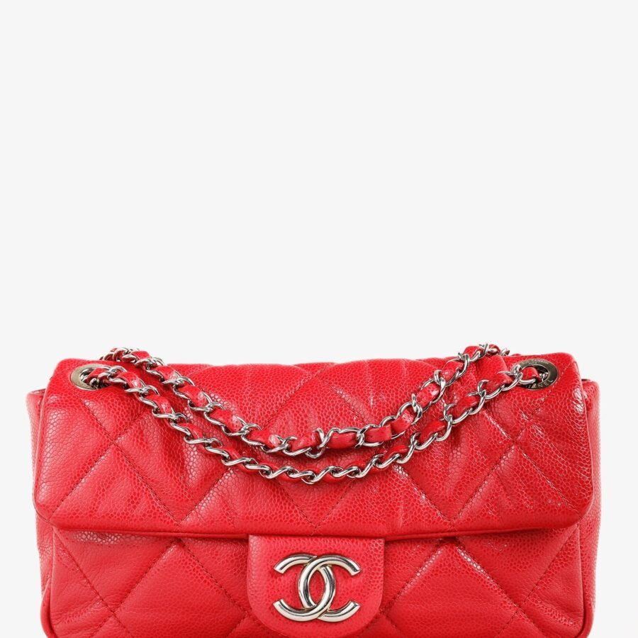 Chanel Red Quilted Glazed Caviar Leather Silver Tone CC Logo Flap Handbag | Studio Nafay