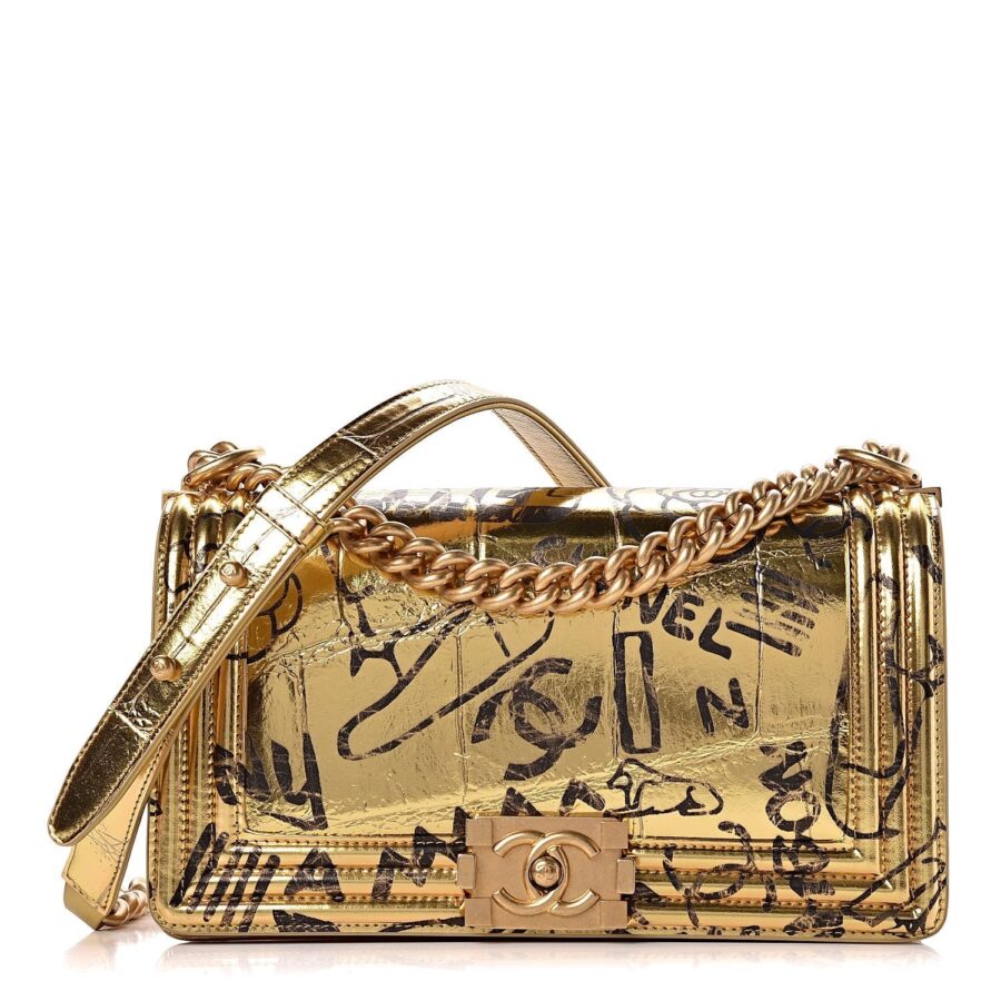CHANEL SMALL METALLIC CALFSKIN CROC EMBOSSED PRINTED GOLD BOY BAG | Studio Nafay