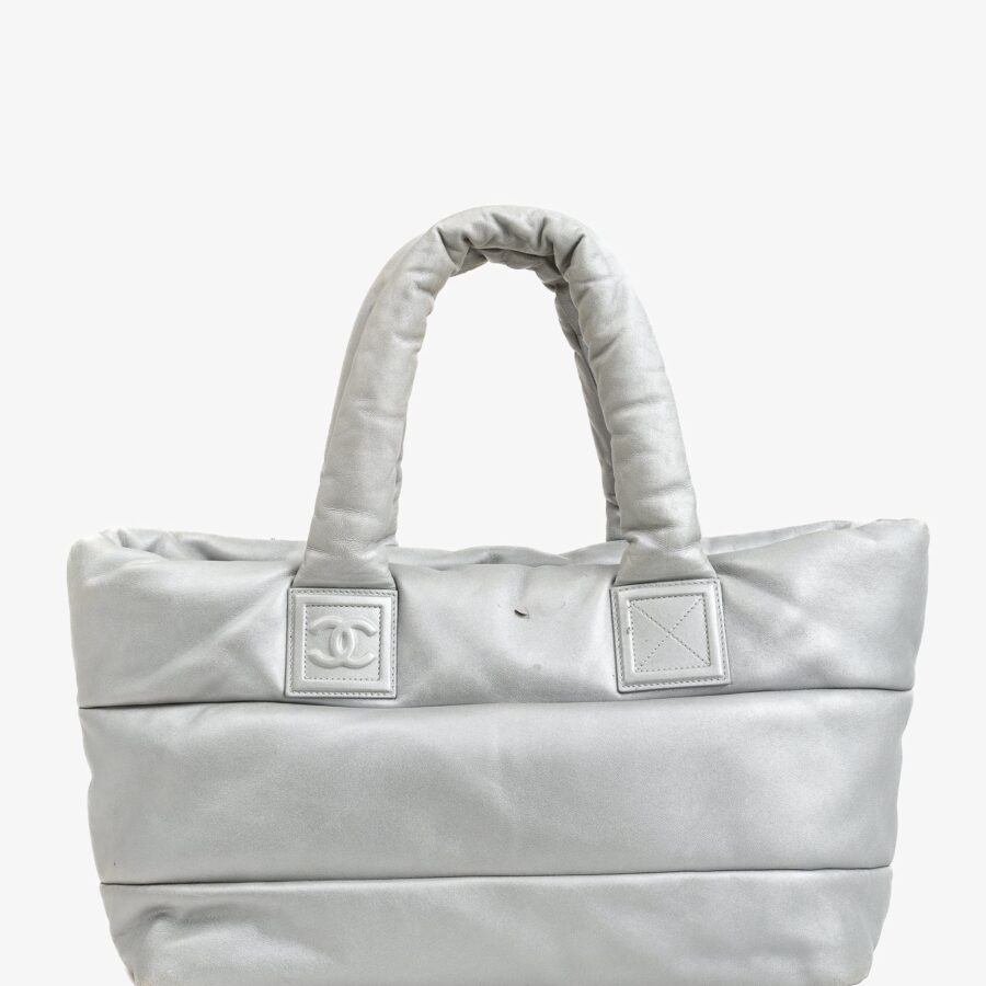 Chanel Silver & Navy Reversible Coco Cocoon Puffer Leather Large Tote Bag | Studio Nafay