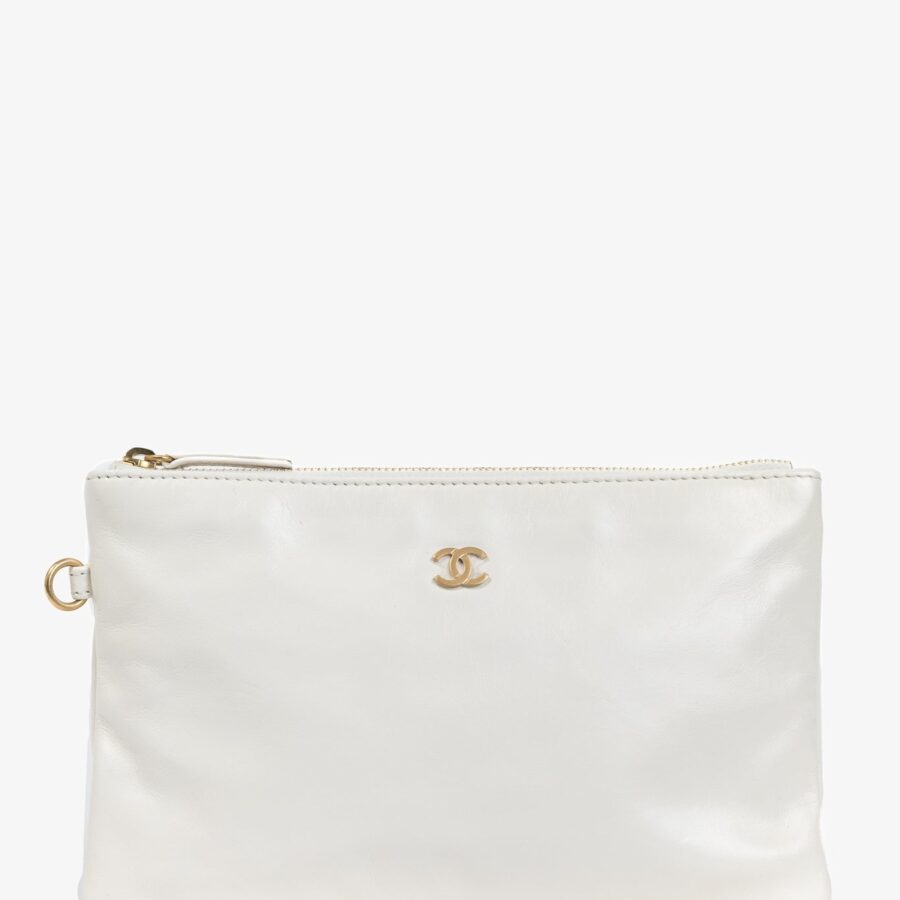 Chanel White Shiny Calfskin Logo Pouch Clutch | Studio Nafay
