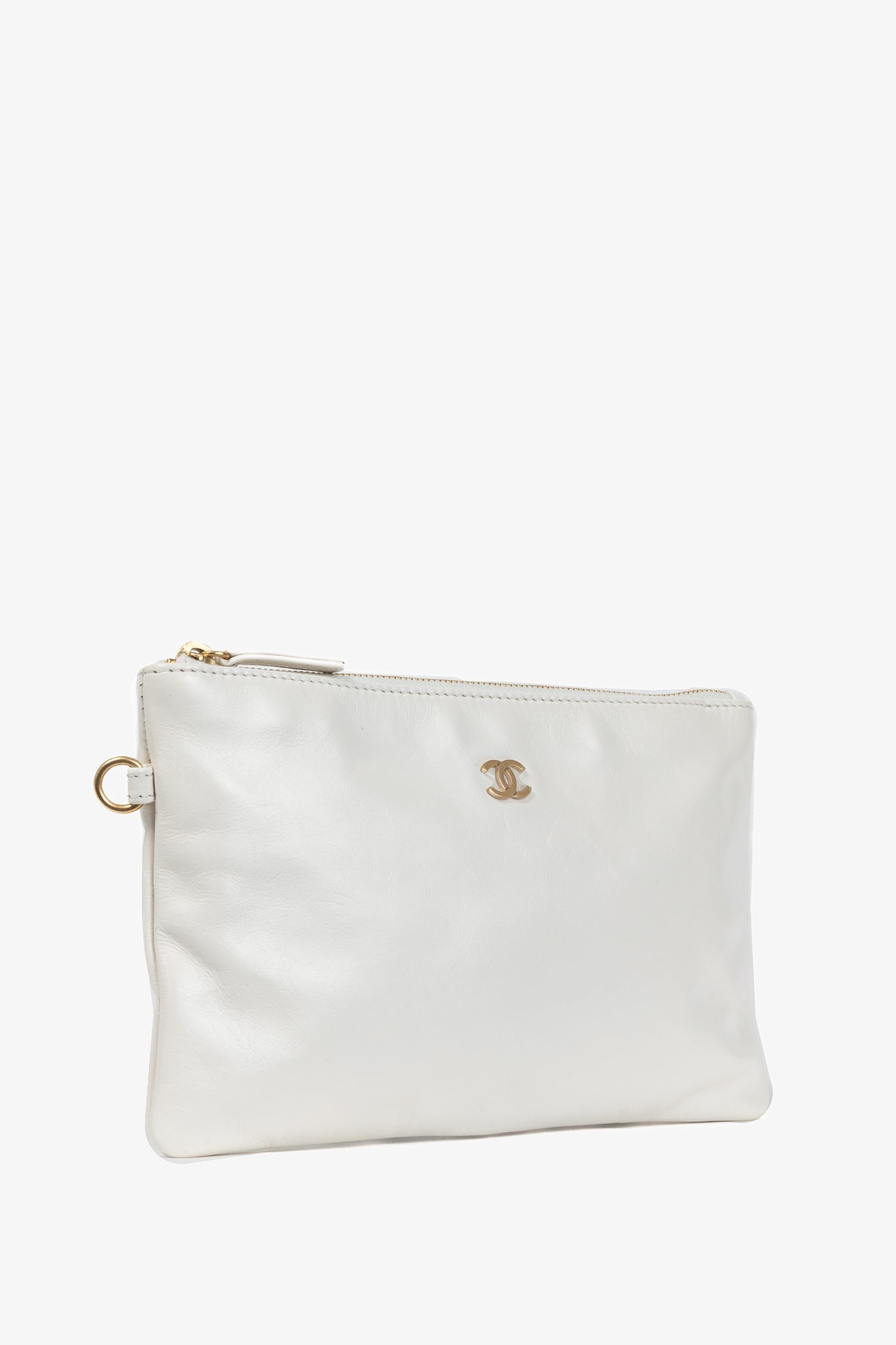 Chanel White Shiny Calfskin Logo Pouch Clutch