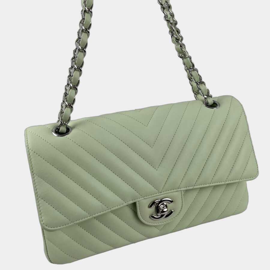 CHANEL Classic Medium Chevron Double Flap Bag - Light Green | Studio Nafay