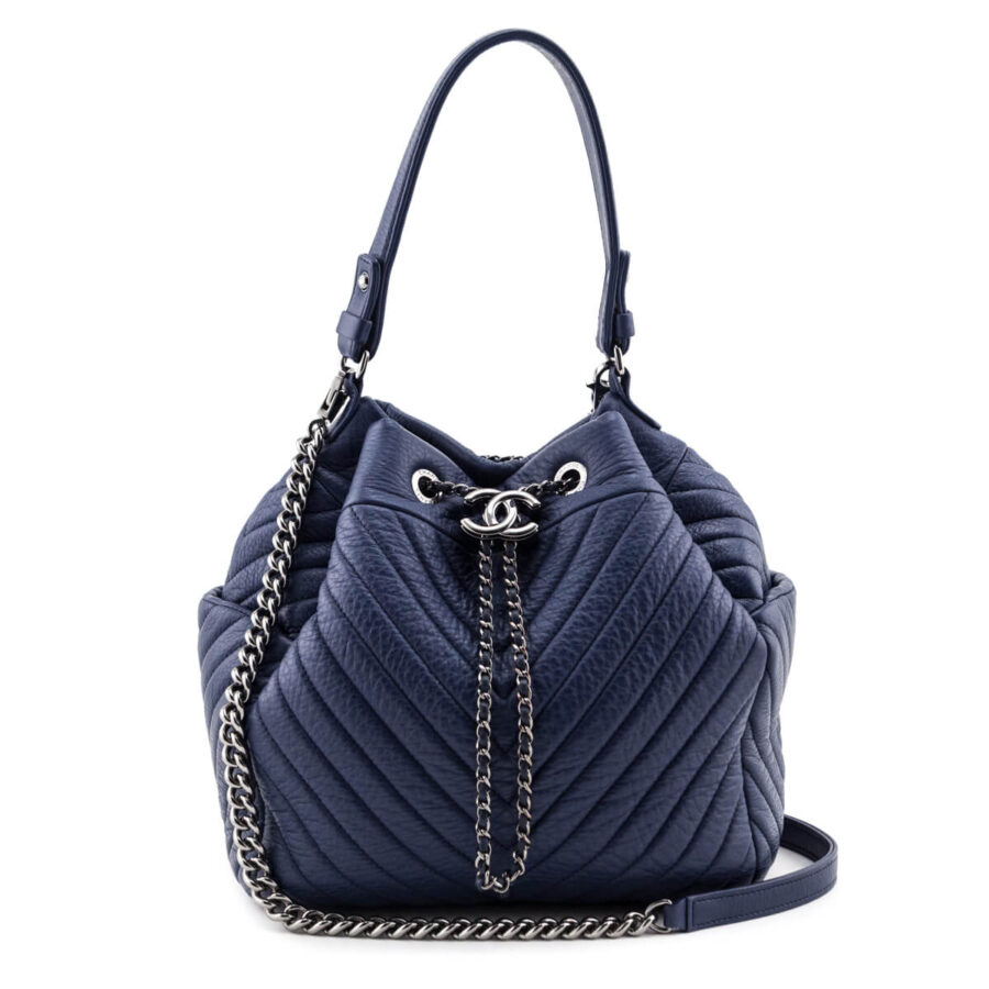 Chanel Blue Quilted Deerskin Chevron Medium Chain Bucket Bag | Studio Nafay