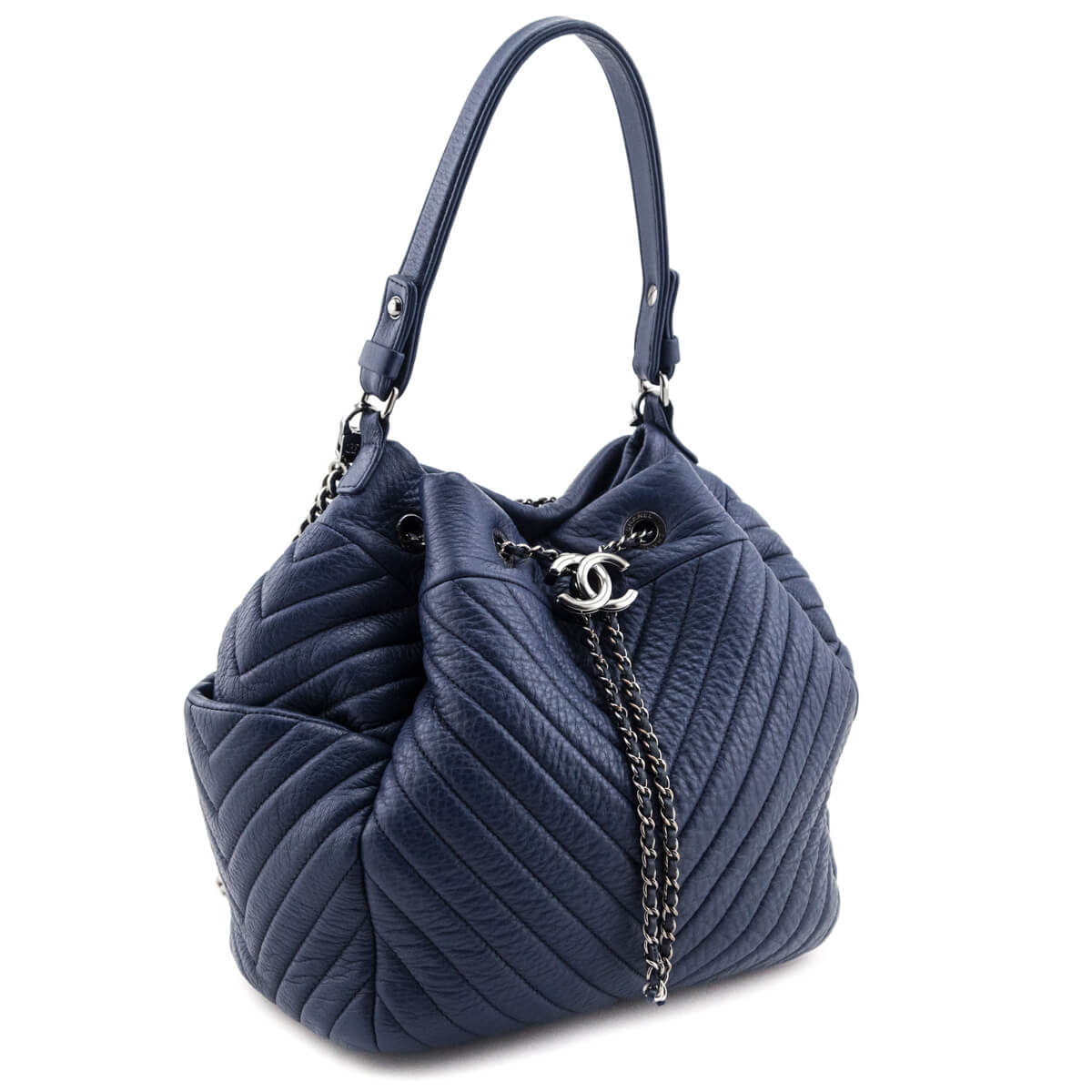 Chanel Blue Quilted Deerskin Chevron Medium Chain Bucket Bag