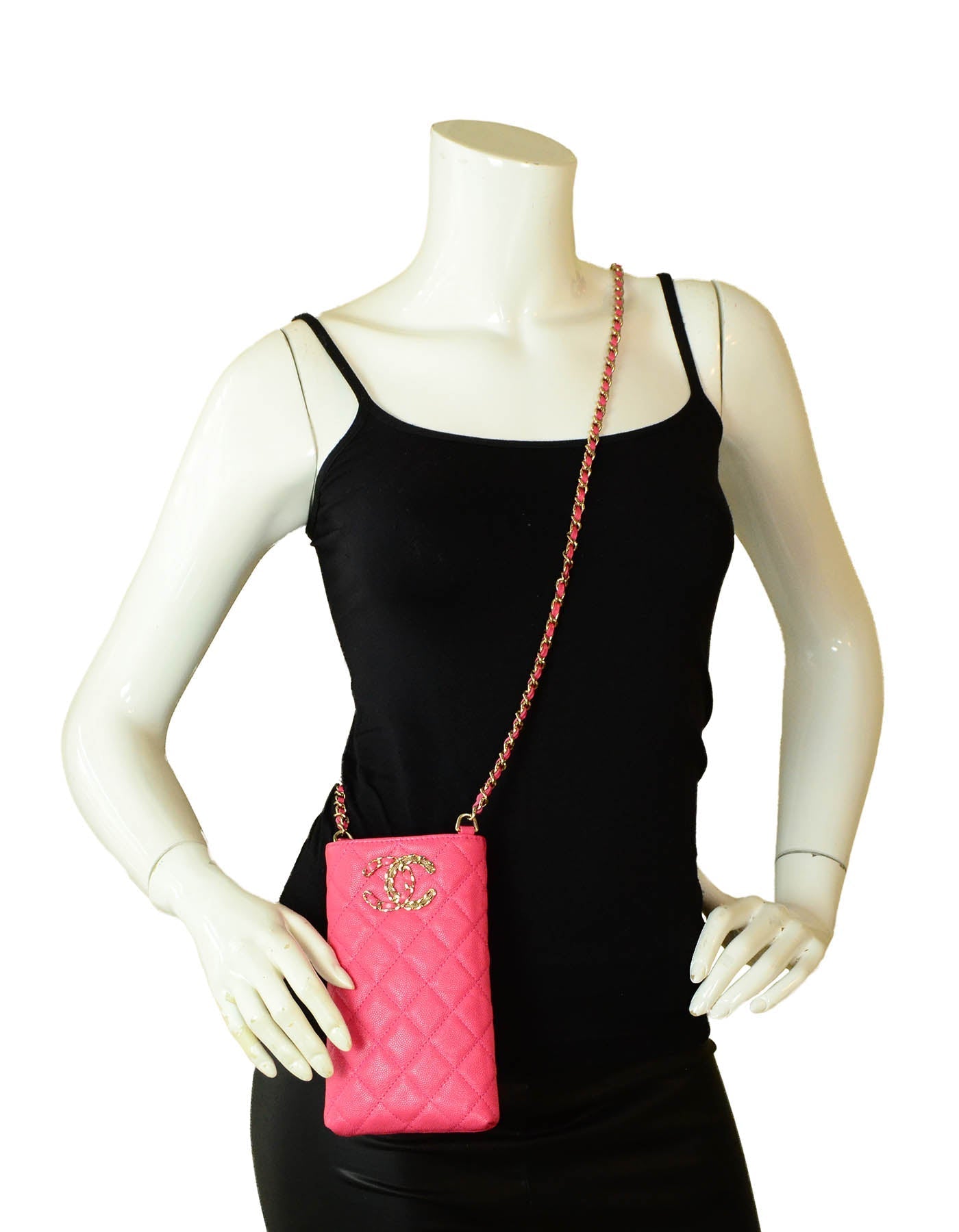 Chanel Pink Caviar Quilted CC Phone Holder Crossbody Bag
