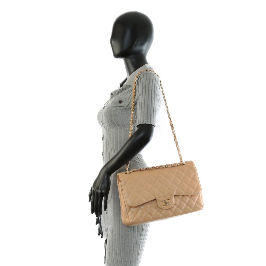 CHANEL Jumbo Quilted Double Flap Caviar Beige Iridescent | Studio Nafay