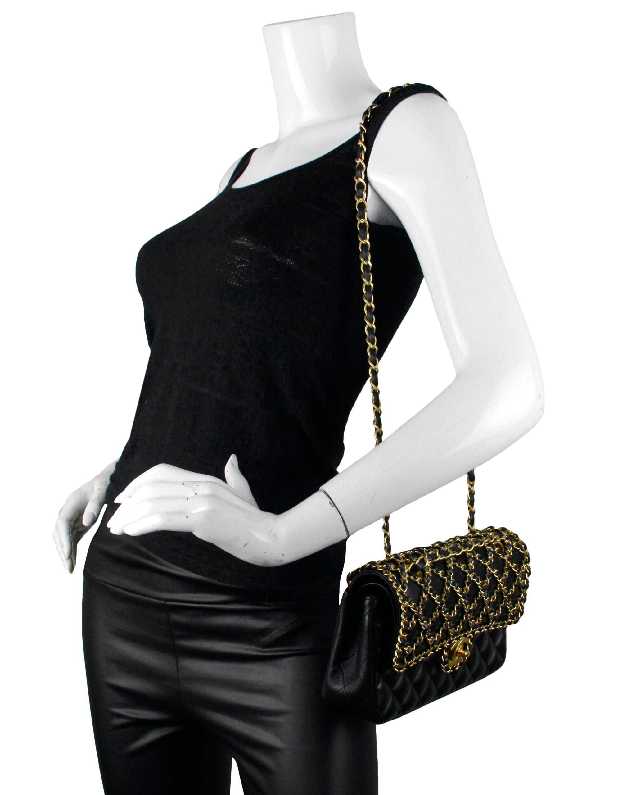 Chanel Black Lambskin Leather Classic Cage Woven Chain Flap Bag