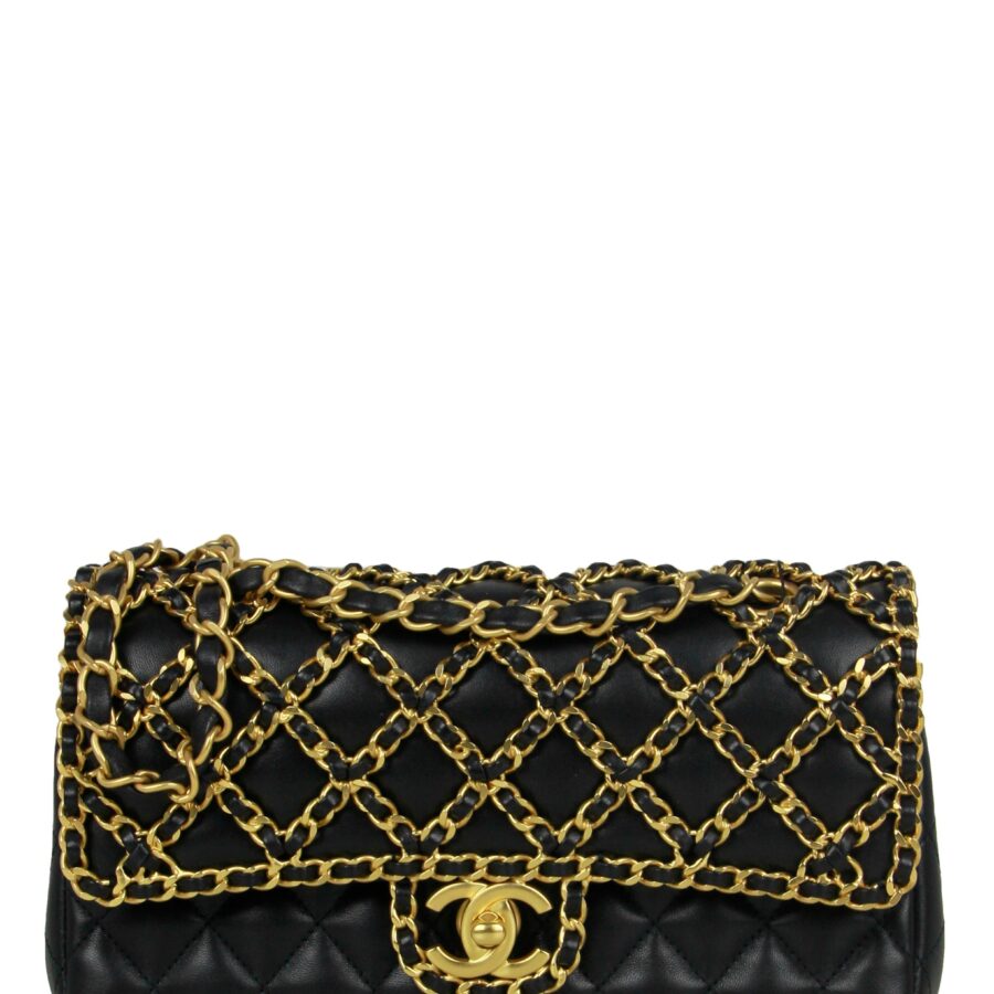 Chanel Black Lambskin Leather Classic Cage Woven Chain Flap Bag | Studio Nafay