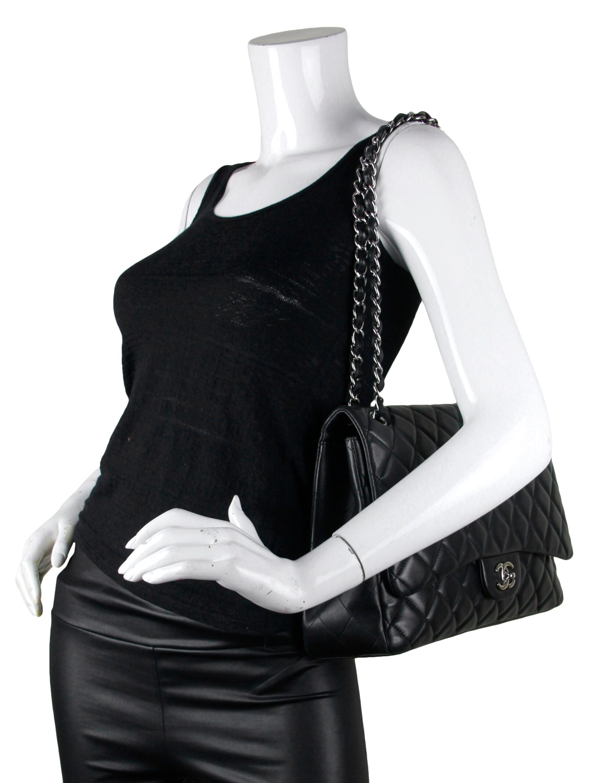 Chanel Black Lambskin Leather Single Flap Maxi Bag