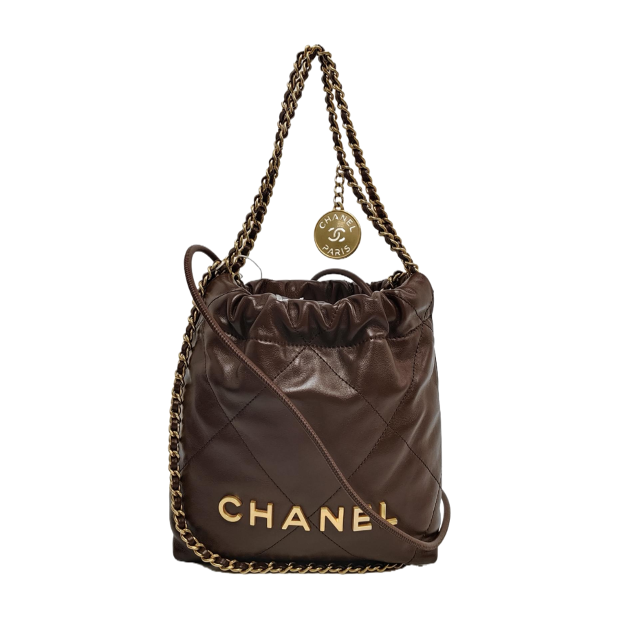 Chanel 22 Hobo Bag Mini Shiny Calfskin Leather Dark Chocolate Brown with Gold-tone Hardware | Studio Nafay