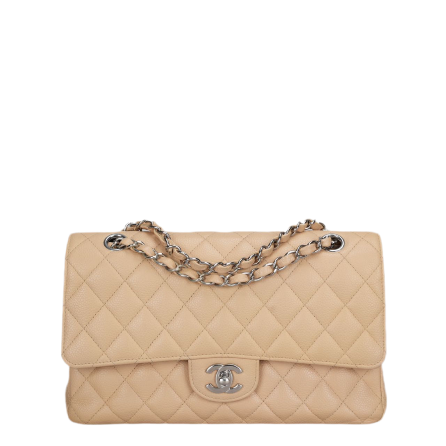 Chanel Beige Quilted Caviar Leather timeless Double Flap Bag medium | Studio Nafay
