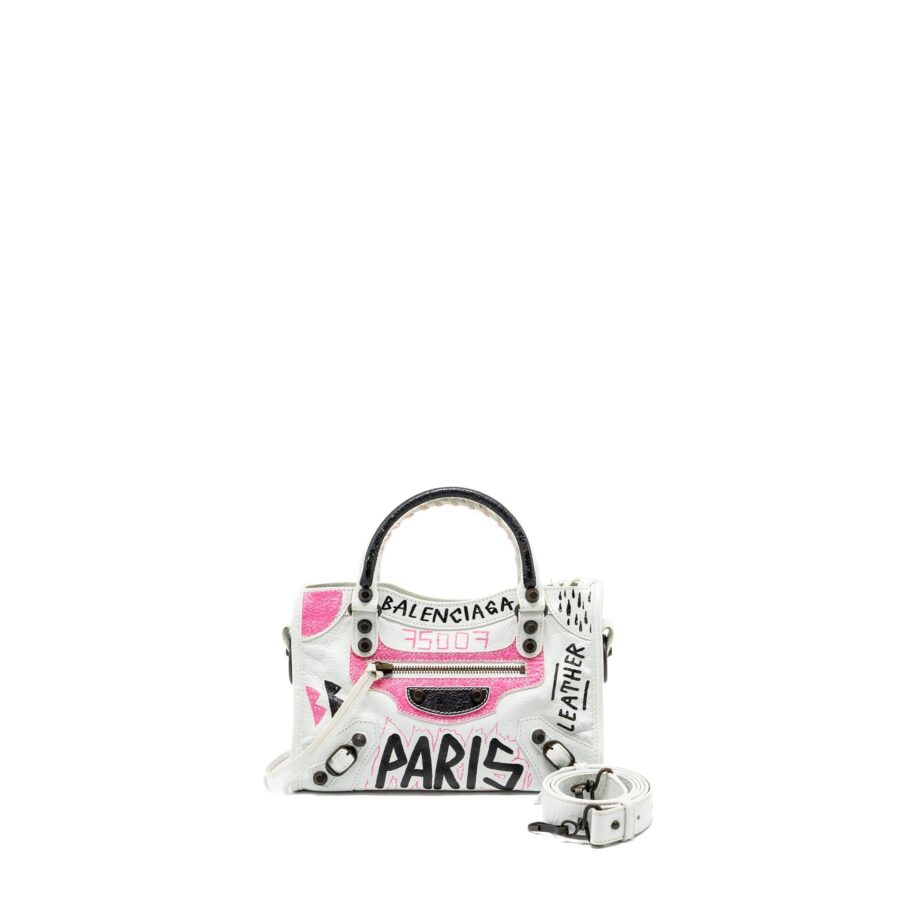 Balenciaga City Graffiti Classic Studs bag leather white / pink/ black with black hardware | Studio Nafay