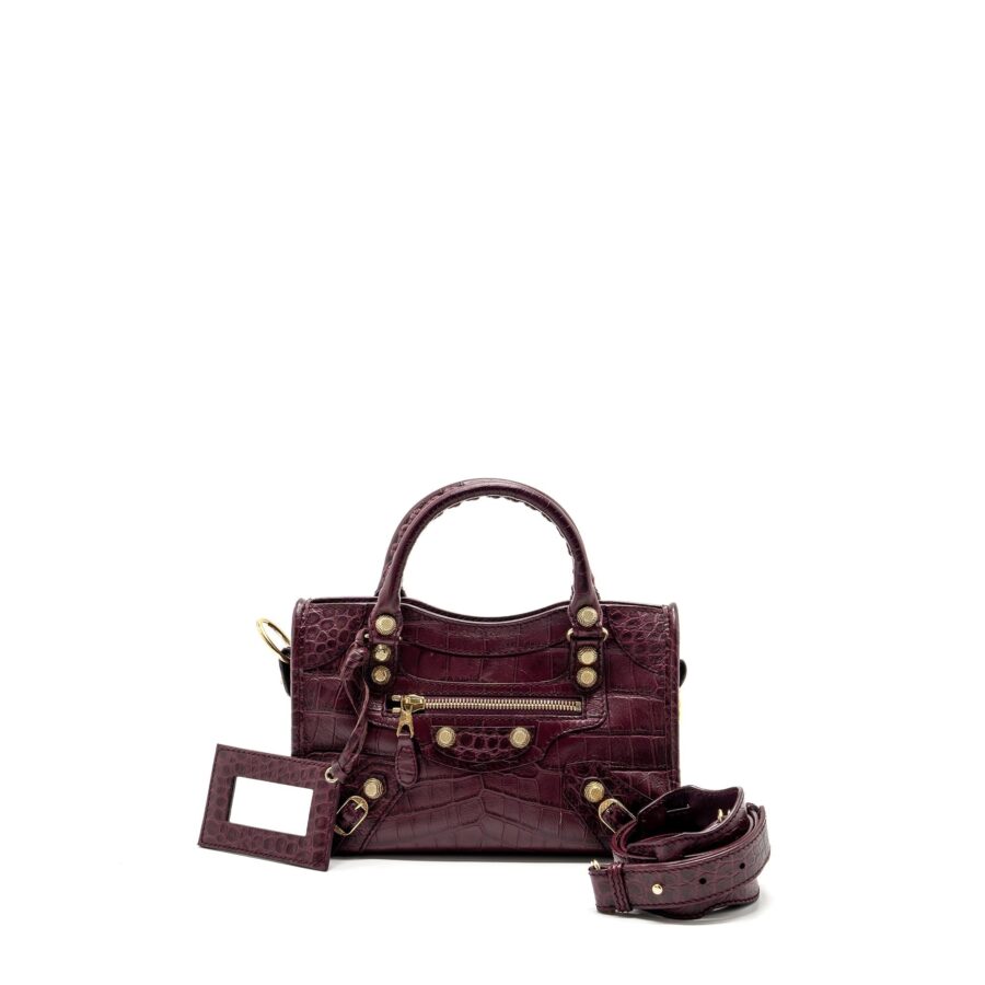 Balenciaga mini city bag croc embossed calfskin burgundy GHW | Studio Nafay