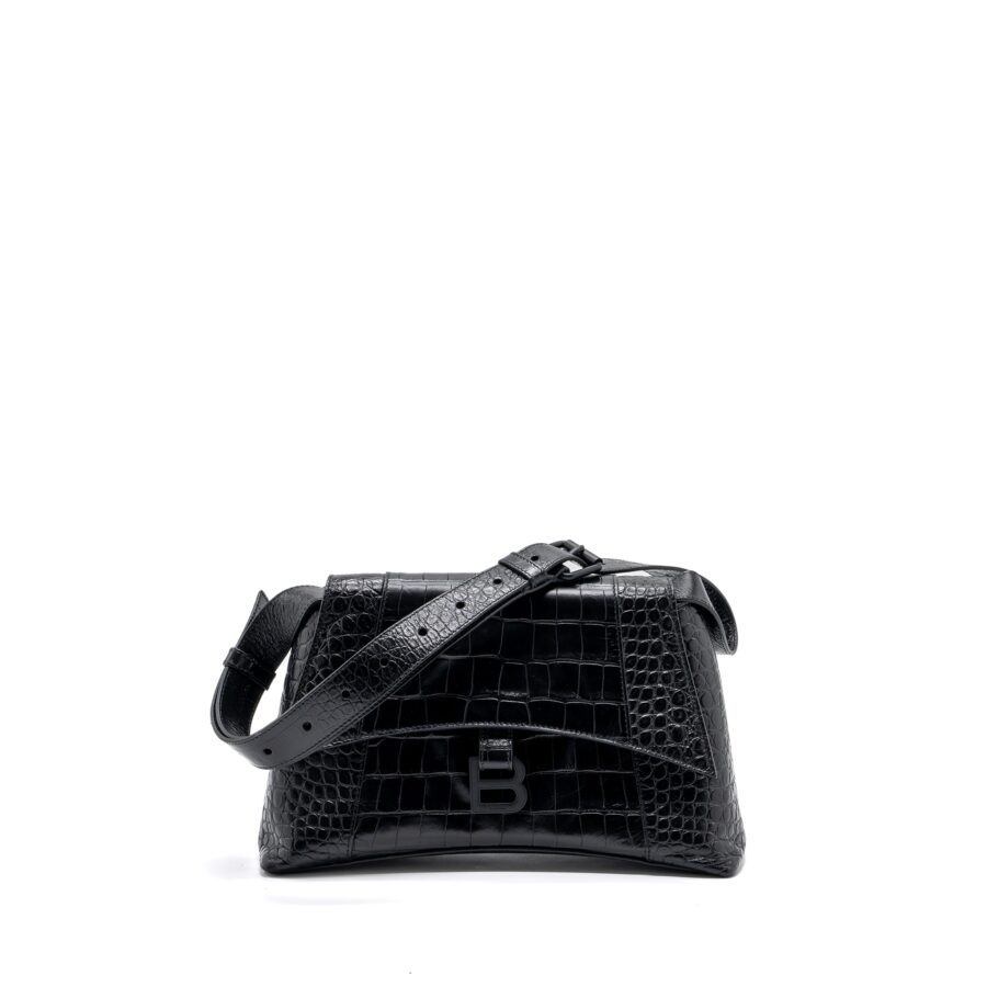Balenciaga Downtown Small Shoudler Bag Crocodile Embossed Black with Black Hardware | Studio Nafay