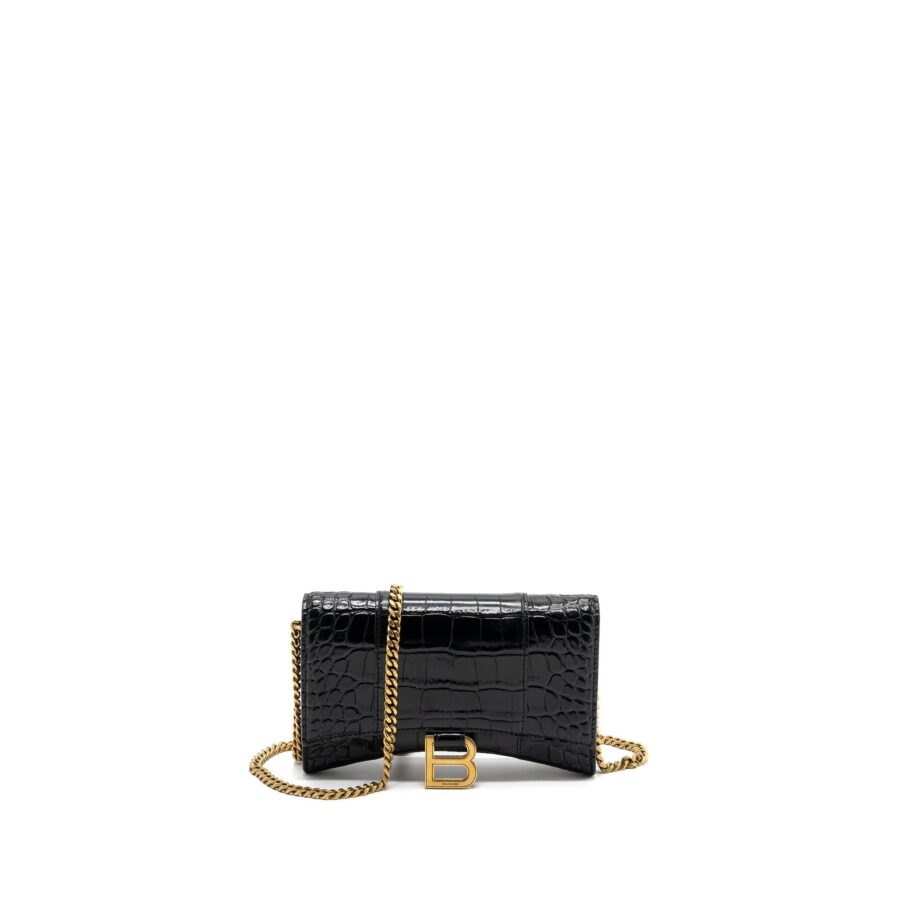 Balenciaga Hourglass Wallet On Chain Croc Embossed Calfskin Black GHW | Studio Nafay