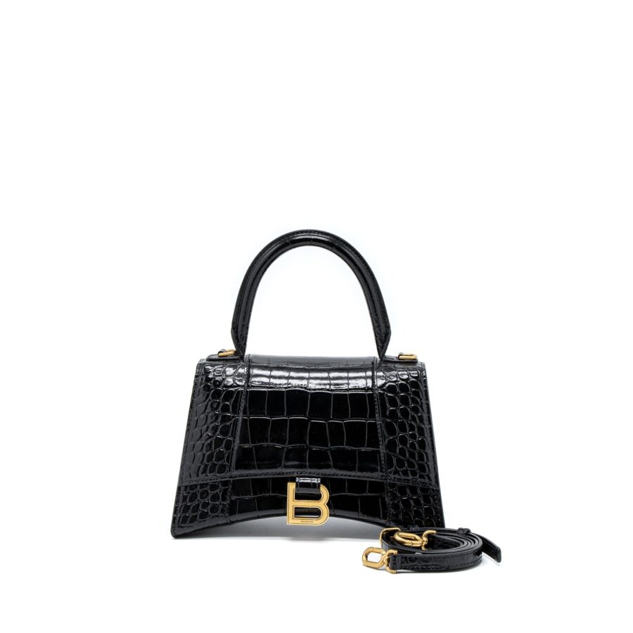 Balenciaga Hourglass Small Handbag Croc Embossed Calfskin Black GHW | Studio Nafay
