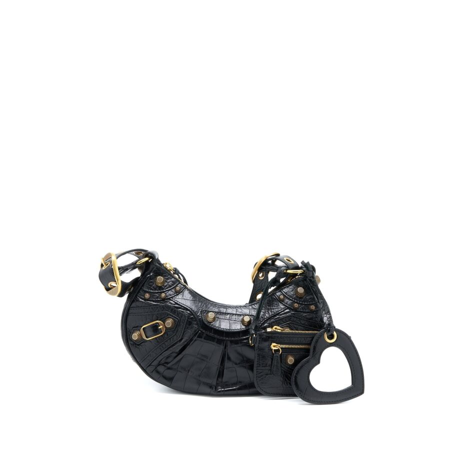 Balenciaga Le Cagole XS Shoulder Bag Croc-Embossed Calfskin Black Aged-Gold Hardware | Studio Nafay