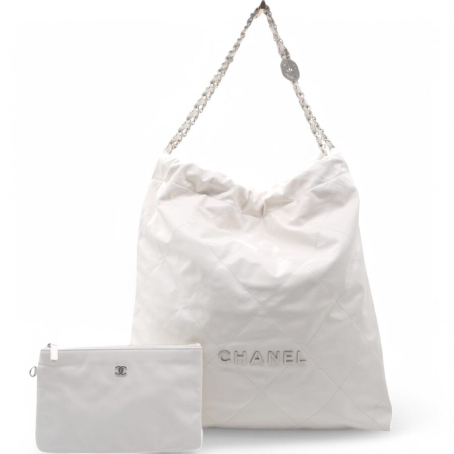 Shiny Quilted Large Chanel 22 White Handbag | Studio Nafay