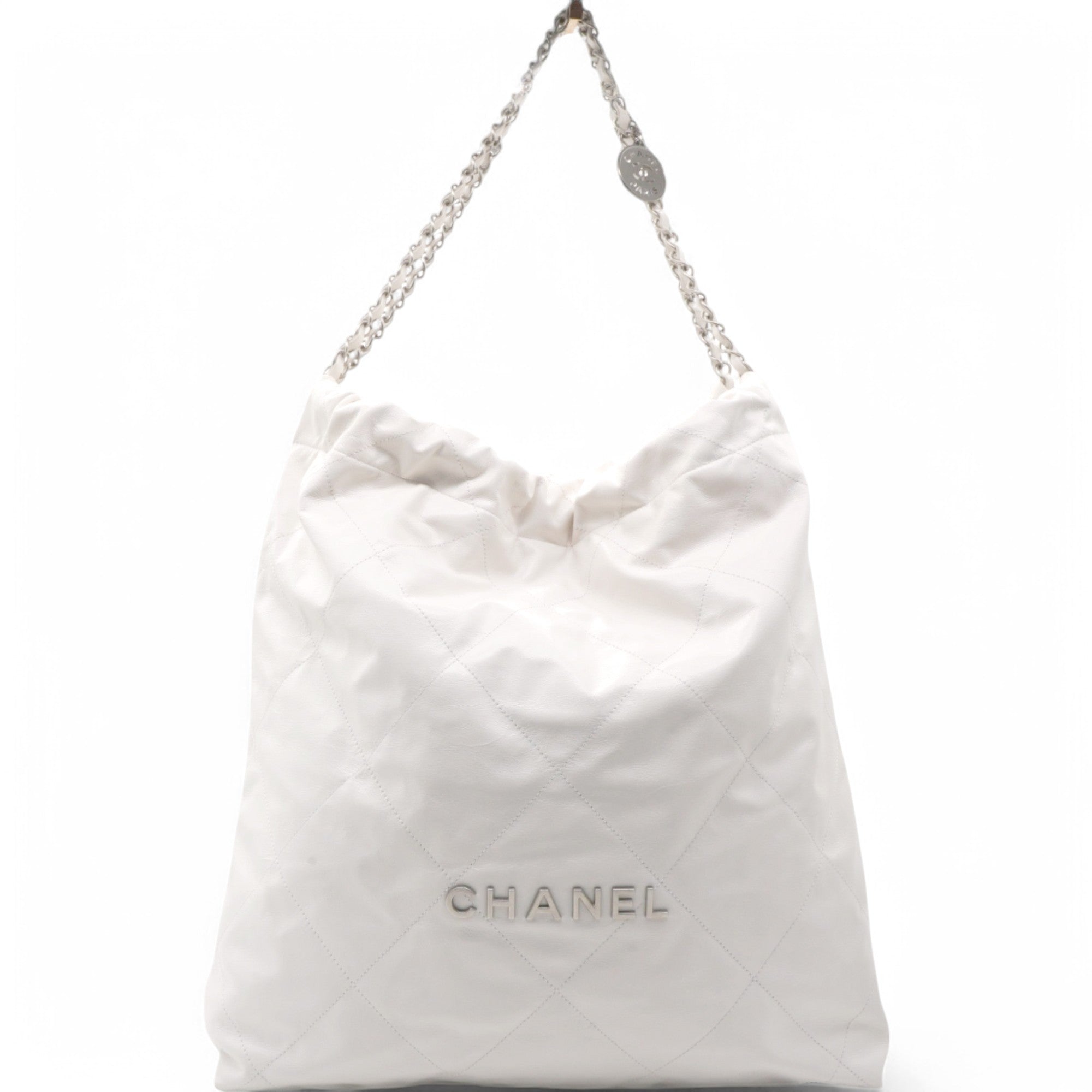 Shiny Quilted Large Chanel 22 White Handbag