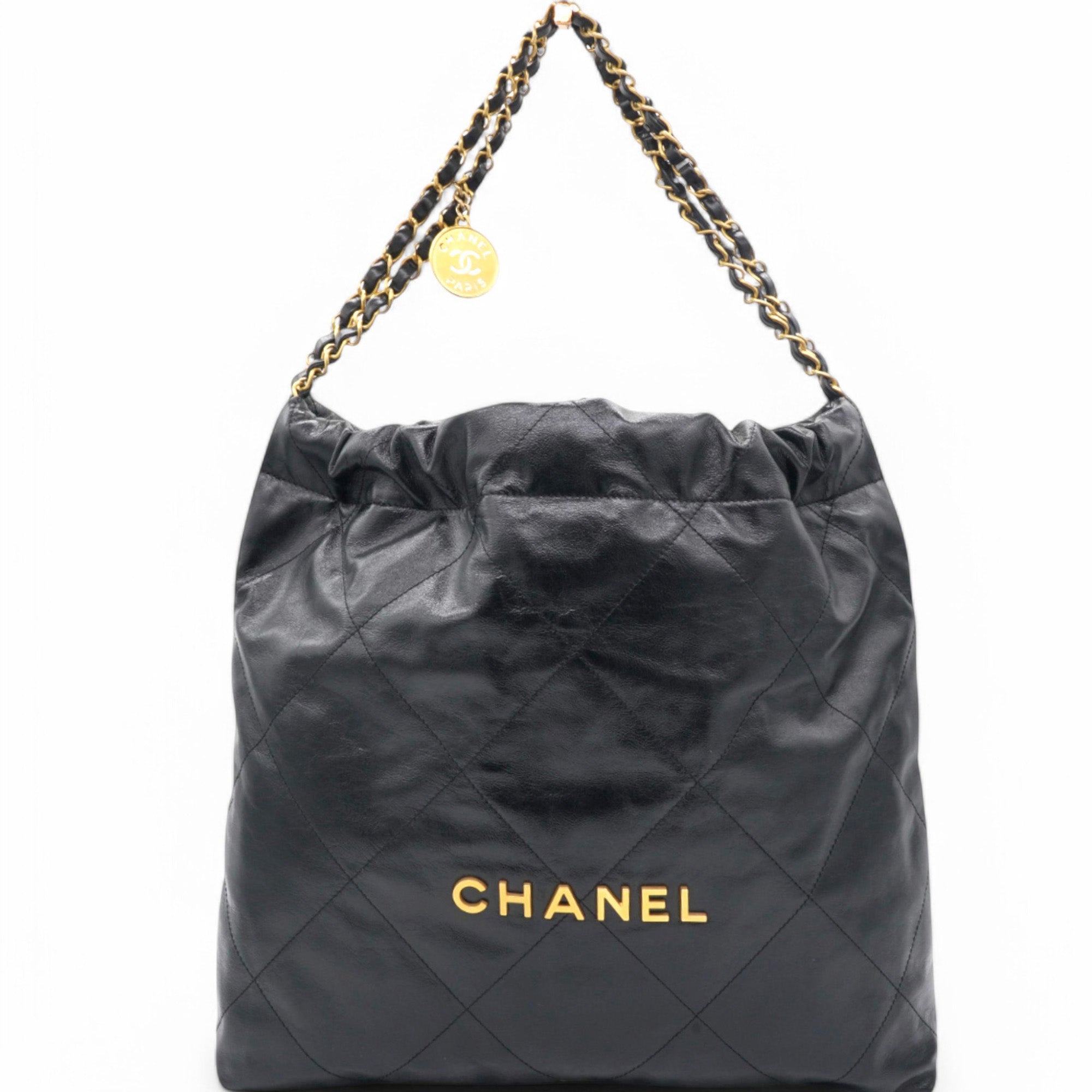 Shiny Quilted Medium Chanel 22 Black Handbag