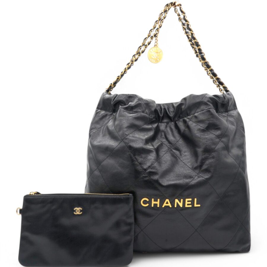 Shiny Quilted Medium Chanel 22 Black Handbag | Studio Nafay