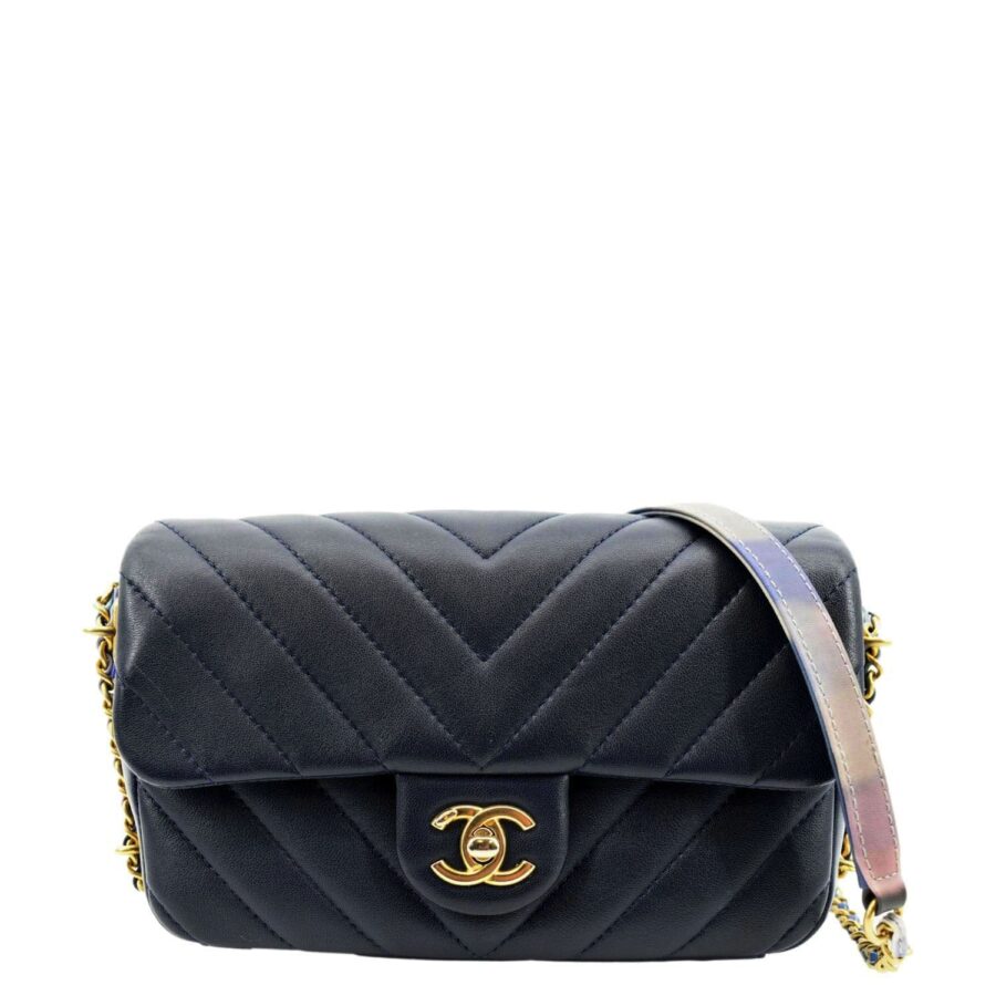 Chanel Mini Rectangular Flap Chevron Leather Crossbody Bag Navy Blue | Studio Nafay