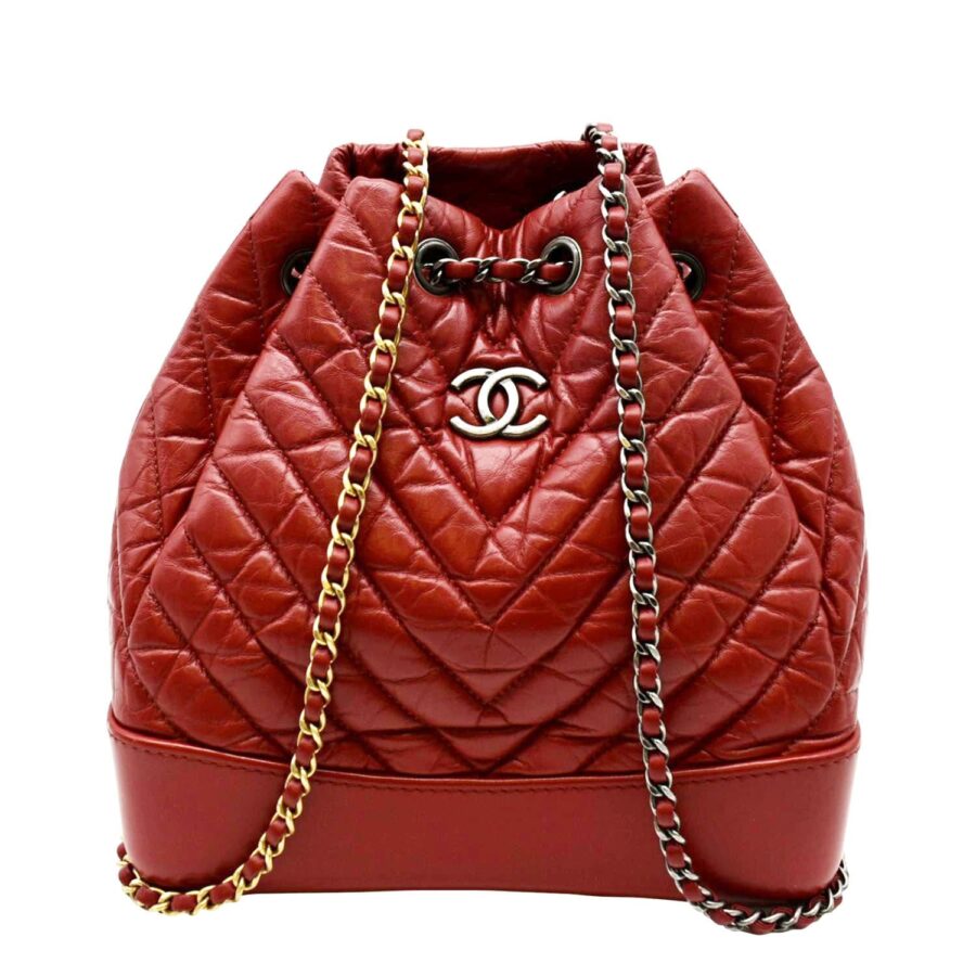 Chanel Gabrielle Chevron Aged Calfskin Leather Backpack Bag Red | Studio Nafay