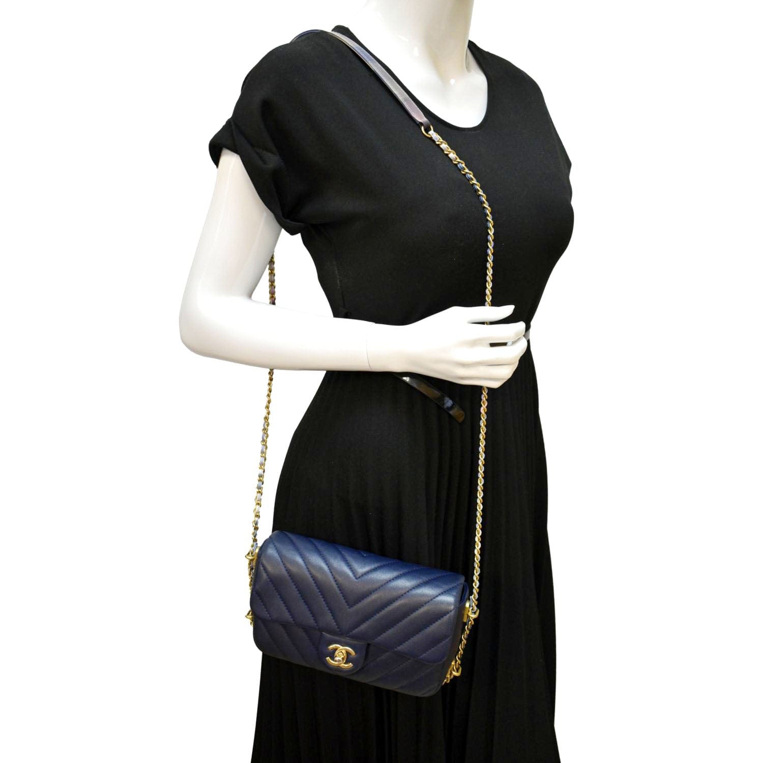 Chanel Mini Rectangular Flap Chevron Leather Crossbody Bag Navy Blue