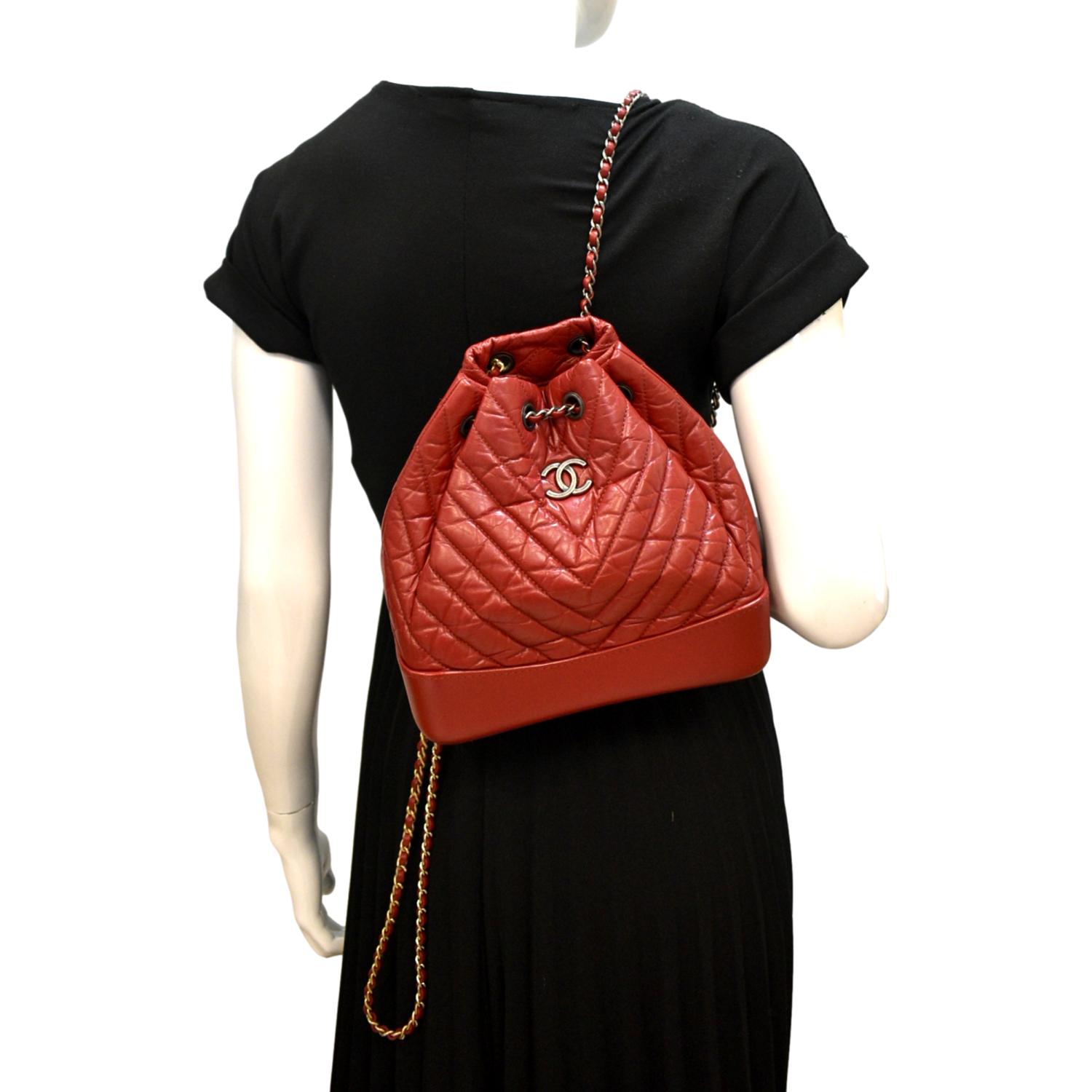 Chanel Gabrielle Chevron Aged Calfskin Leather Backpack Bag Red