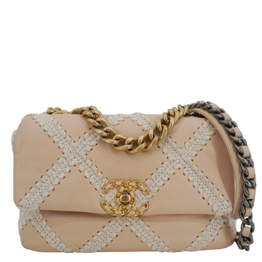 Chanel 19 Flap Medium Calfskin Crochet Shoulder Bag Beige | Studio Nafay
