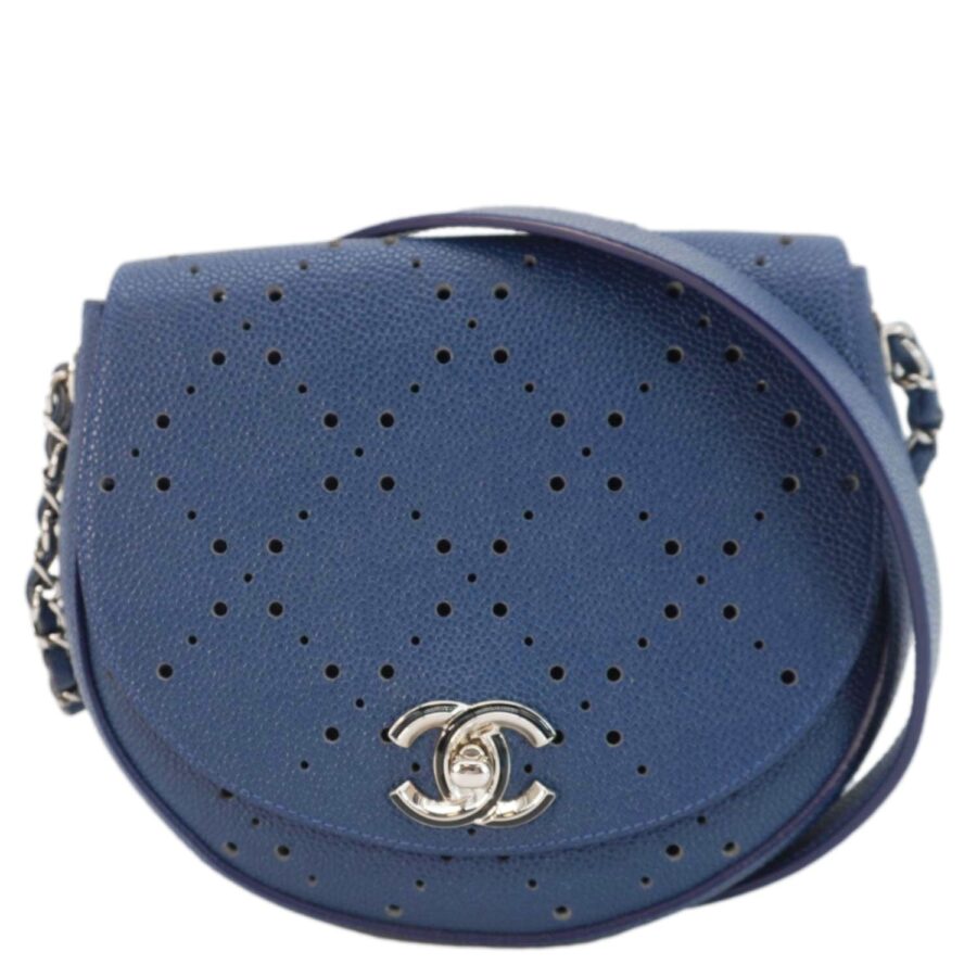 Chanel Perforated Caviar Leather Messenger Bag Navy Blue | Studio Nafay