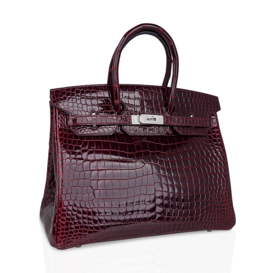Hermes Birkin 35 Bag Diamond Bordeaux Porosus Crocodile with White Gold Hardware | Studio Nafay