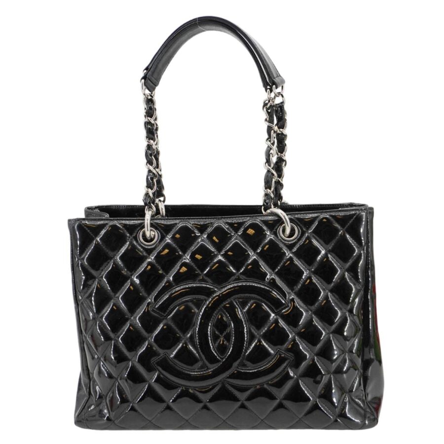 Chanel Grand Shopping Patent Quilted Leather GST Tote Bag Black | Studio Nafay