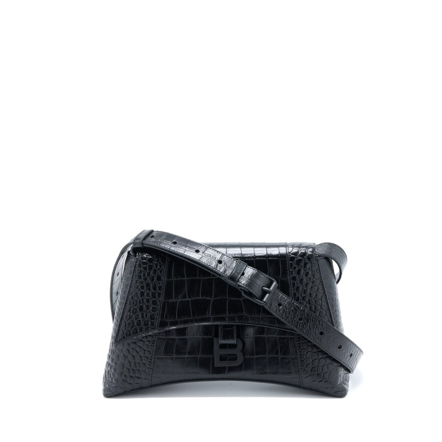 Balenciaga Small Downtown Shoulder Bag Croc Embossed Leather Black with Black Hardware | Studio Nafay