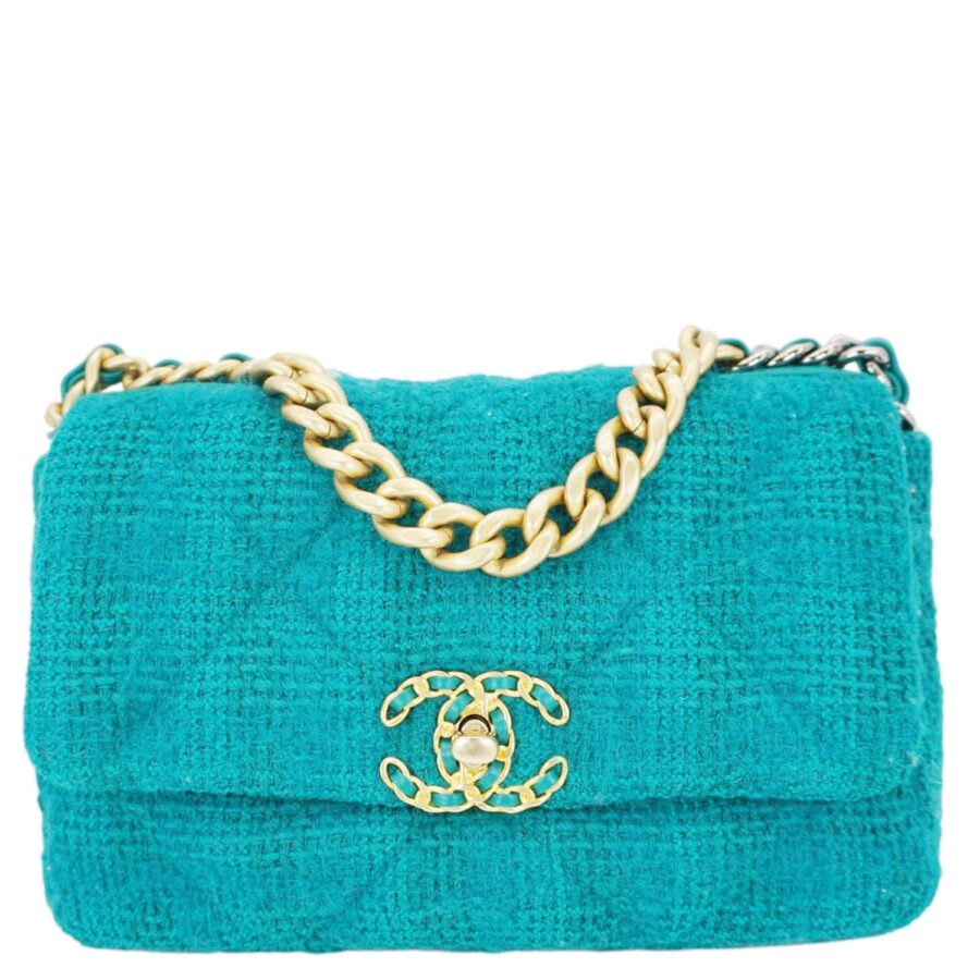 Chanel 19 Flap Medium Quilted Tweed Shoulder Bag Teal | Studio Nafay