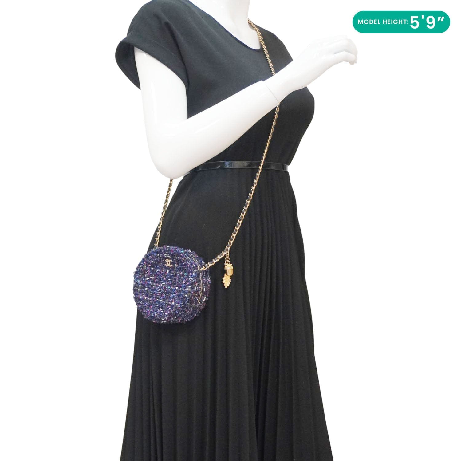Chanel Round Tweed Chain Clutch Crossbody Bag Blue