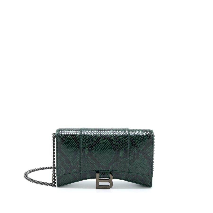 Balenciaga Hourglass Wallet With Chain Python Embossed Calfskin Black/ Dark Green | Studio Nafay