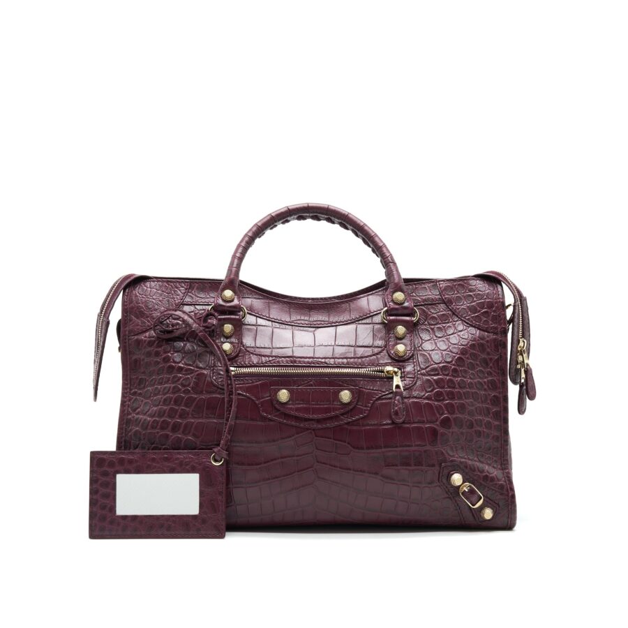 BALENCIAGA MEDIUM GIANT CITY BAG BURGUNDY CROCODILE EMBOSSED LEATHER WITH GHW | Studio Nafay