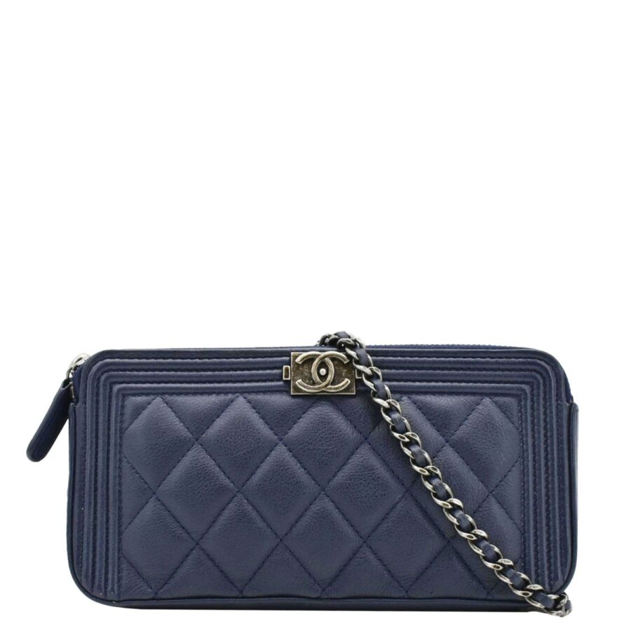 Chanel Boy Double Zip Wallet on Chain Leather Crossbody Bag Navy Blue | Studio Nafay